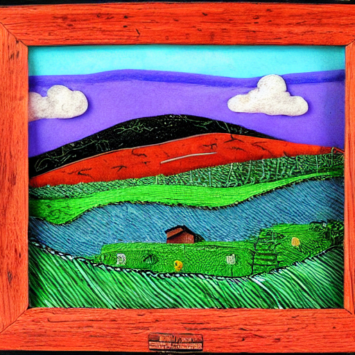 Rolling Hills And A Farm, Appalachian Folk Art, Mixed Media,...