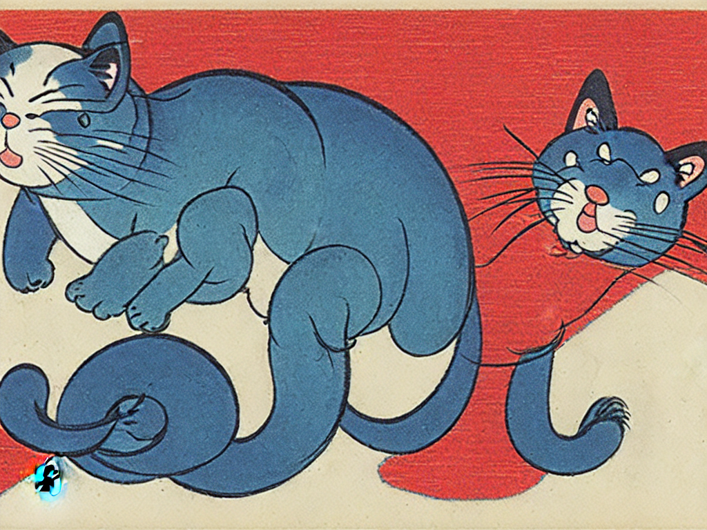 Whimsical Japanese Woodblock Print Of A Blue Cat With Red No...