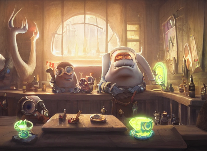 Grumpy Minions Sitting In A Bar, Fantasy, Concept Art, Artst... — Stable Diffusion AI Prompt: grumpy minions sitting in a bar, fantasy, concept art, artstation, disney, pixar...