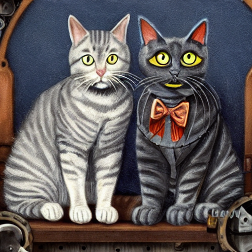Cat Friends, Grey Tabby Cat And Black Cat Together, Wearing...