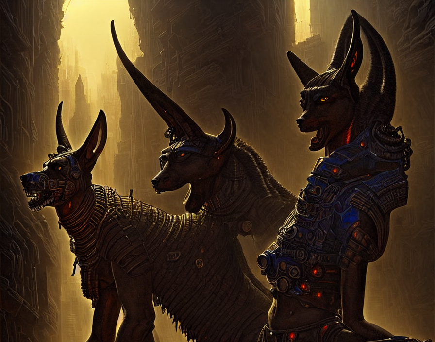 Snarling Anubis, By James Gurney, Cyberpunk, Scifi, Dystopia... — Stable Diffusion AI Prompt: snarling anubis, by james gurney, cyberpunk, scifi, dystopian art, cinematic, dr...