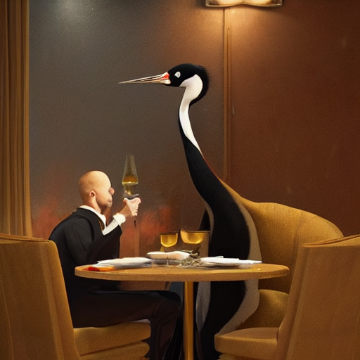 Black Crowned Crane Drinking Champagne In A Restaurant By Gr...