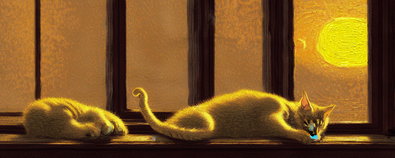 A Small Cat Sleeping On A Small Window Sill At Sunset, Studi...