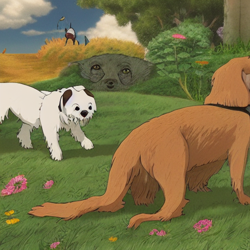 Dogs In Landscape, Art Style Hayao Miyazaki, Very High Detai... — Stable Diffusion AI Prompt: dogs in landscape, art style hayao miyazaki, very high detail, 4 k