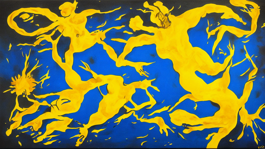 Surrealist Painting Of The Colors Blue And Yellow Fighting E...