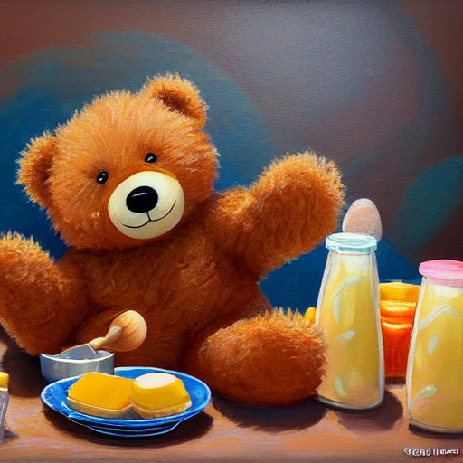 Cute Fluffy Honey Colored Teddy Bear Eating Bagels, Lox, And...