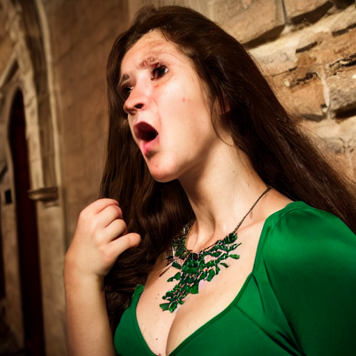 Close Up Of A Horrified Young Woman With Long Brown Hair. We...