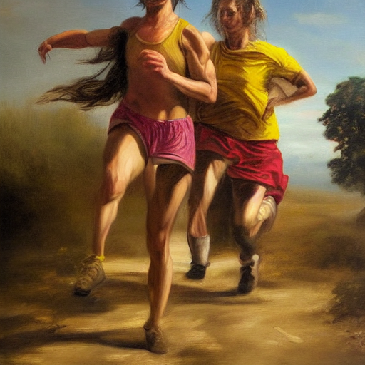In These Oil Paintings We See Two Woman Running, 4 K, In The...