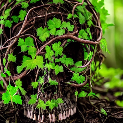 Dark Vines Growing Through A Human Skull In The Woods