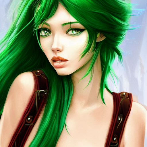 Adult Girl With Long Green Hair, Illustration, Digital Paint...