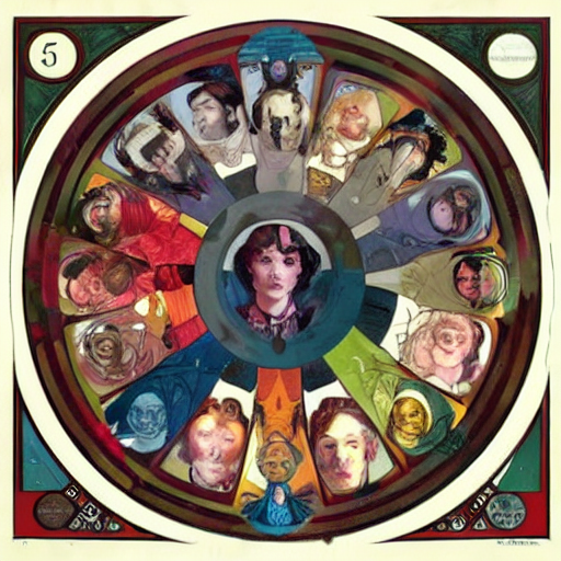 Five Different Colored Wizards Face Down In A Circular Forma...