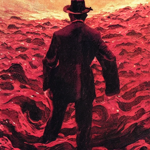 A Man In Old - Fashioned Attire Seen From Behind Making His... — Stable Diffusion AI Prompt: a man in old - fashioned attire seen from behind making his way waist - deep in...