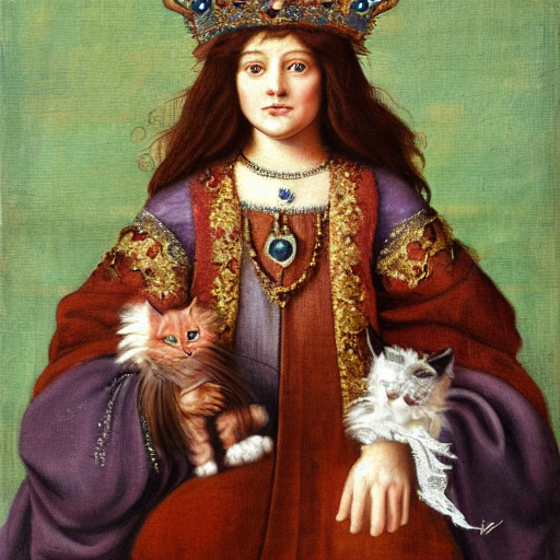 Renaissance Oil Painting Of Fluffy Long Haired Cat Wearing R...