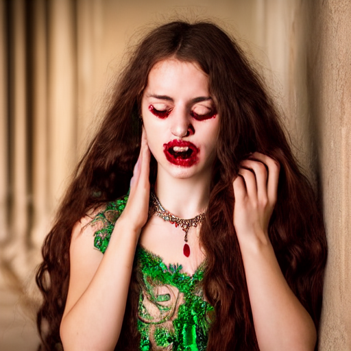 Close Up Of A Terrified Pretty Young Woman With Red Blood Sp...