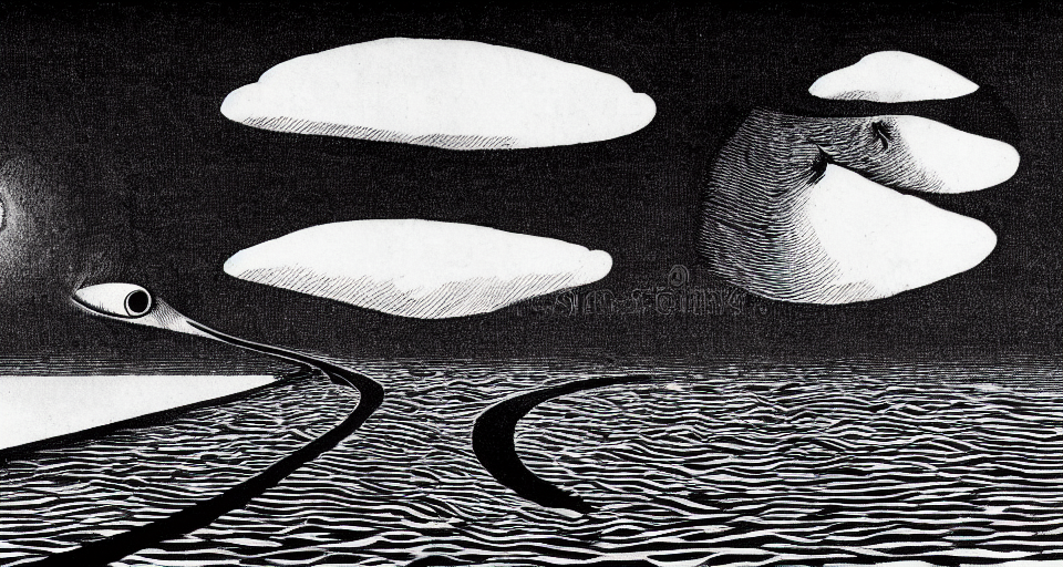 A Black And White Drawing Of A Road Splitting The Ocean And...