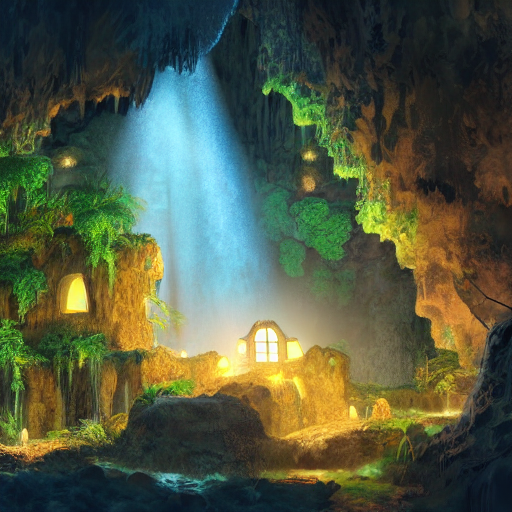 Concept Art Of An Old House Inside A Giant Cave With Biolumi...