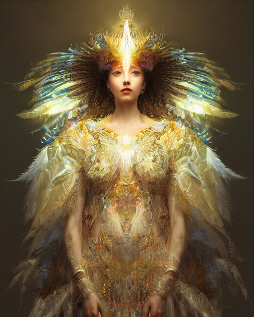 Portrait Of Queen Of Light, Feathers, Fractals, Jewelry, Emi...