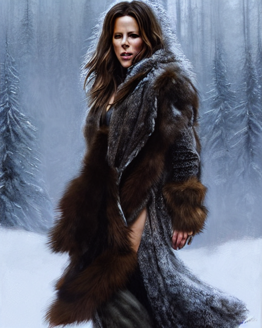 Kate Beckinsale With Bear Fur Coat Winter, Realistic Shade...