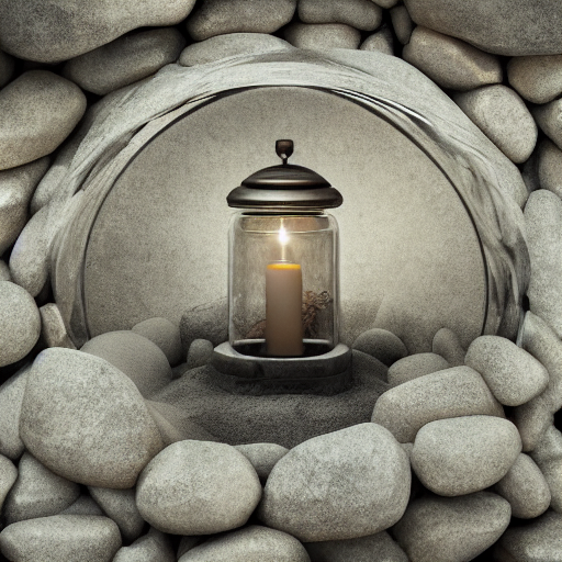 Stone Cairn Inside A Glass Jar Buried In Sand, Intricate Det...