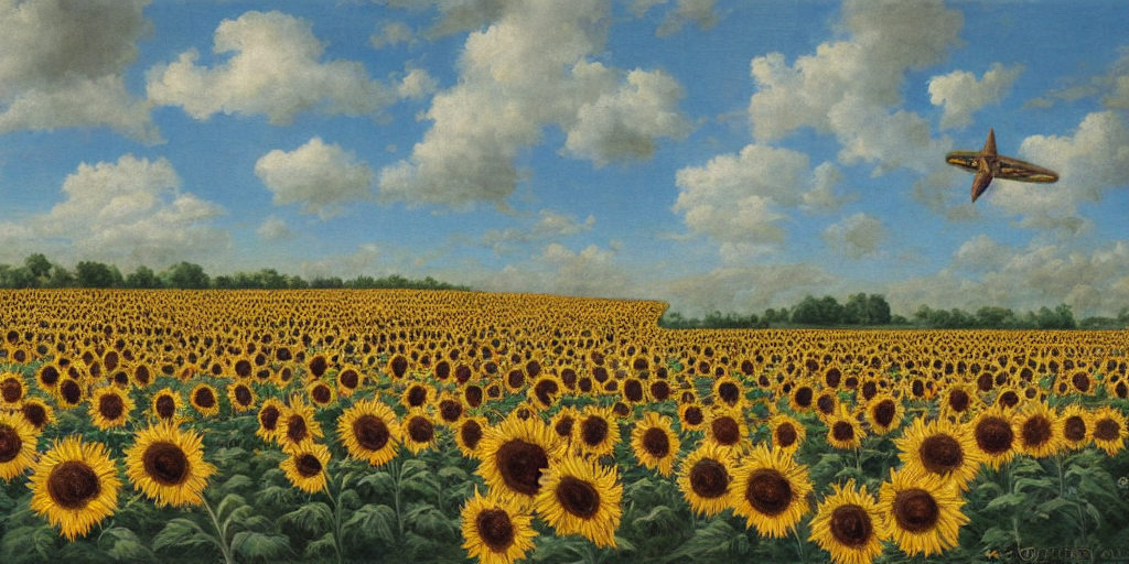 Dozens Of Zeppelins Fighting In The Sky Above A Field Of Sun...