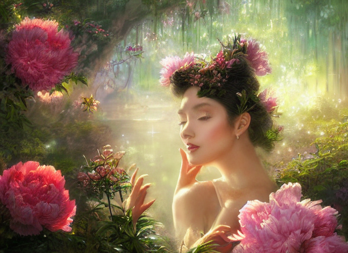 Ancient Fantasy Garden At Night, Close - Up Of A Beautiful W...