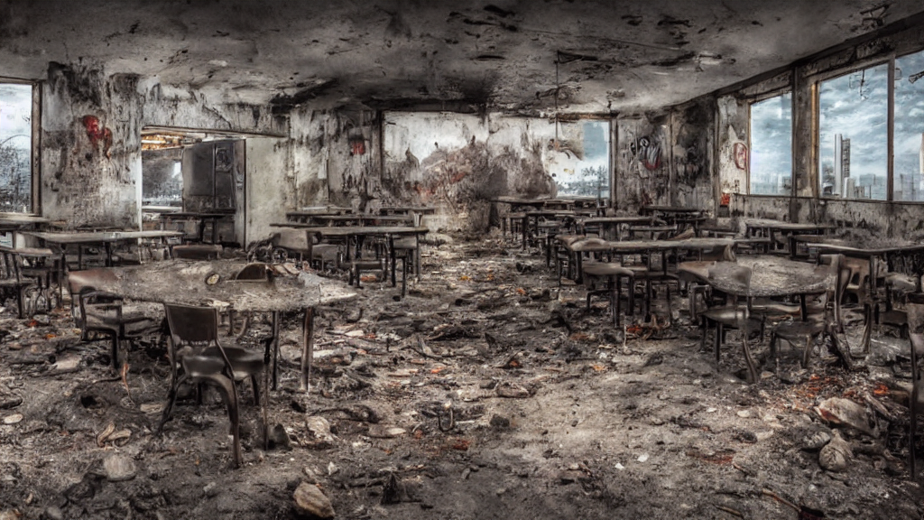 Dark Academia Ethical Ladle Abandoned Fastfood Restaurant, P... — Stable Diffusion AI Prompt: dark academia ethical ladle abandoned fastfood restaurant, postapocalypse, cinem...