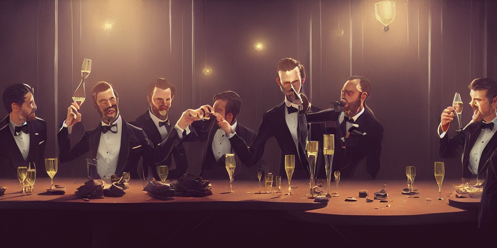 Men In Tuxedos Drinking Champagne, Contrast, Deep Focus, Tur...