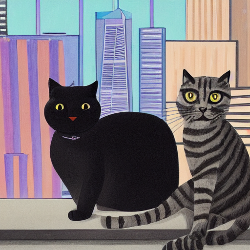 Anthropomorphic Grey Tabby Cat And Solid Black Cat Sitting T...