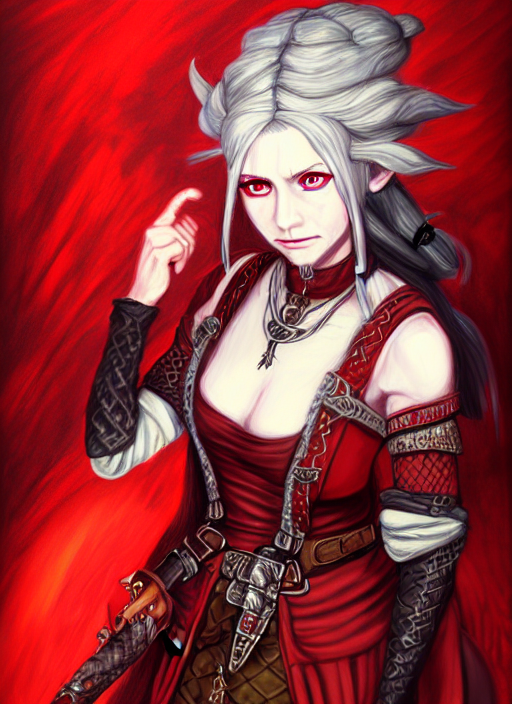 A Portrait Of Female Skald In Red Dress, Fantasy, Dungeons A...