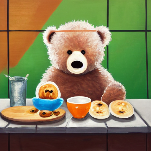 Cute Fluffy Teddy Bear Eating Bagels And Eggs For Breakfast,...