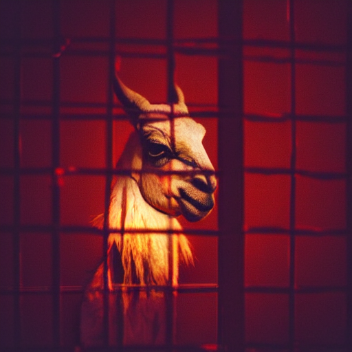 An Evil Angry Llama Behind Bars, Red Lighting, Atmospheric,...