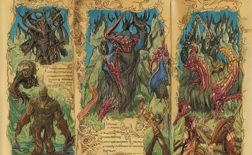Page Scan Of Fantasy Characters Monsters Encyclopedia, Diag... — Stable Diffusion AI Prompt: page scan of fantasy characters & monsters encyclopedia, diagrams and detailed c...