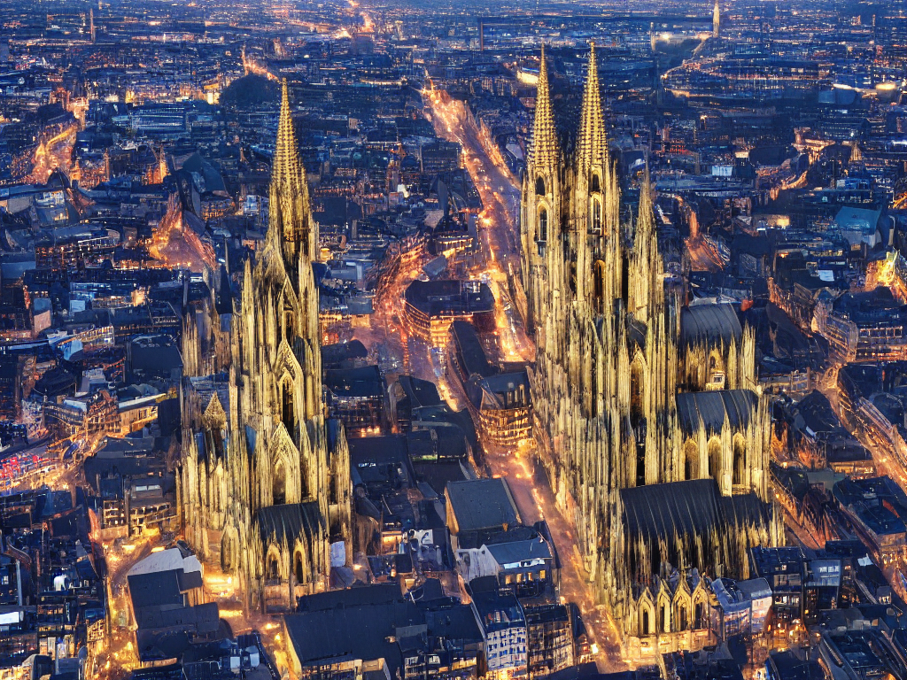 Cologne Cathedral Sourrounded By City, Birds Eye View, Night...