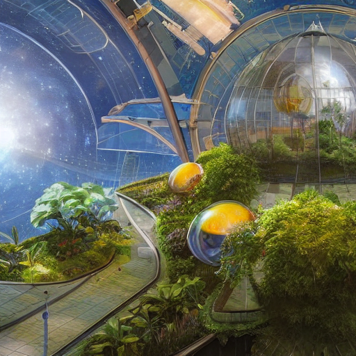 Space Station With Glass Domes That Contain Plants, Flowers,...