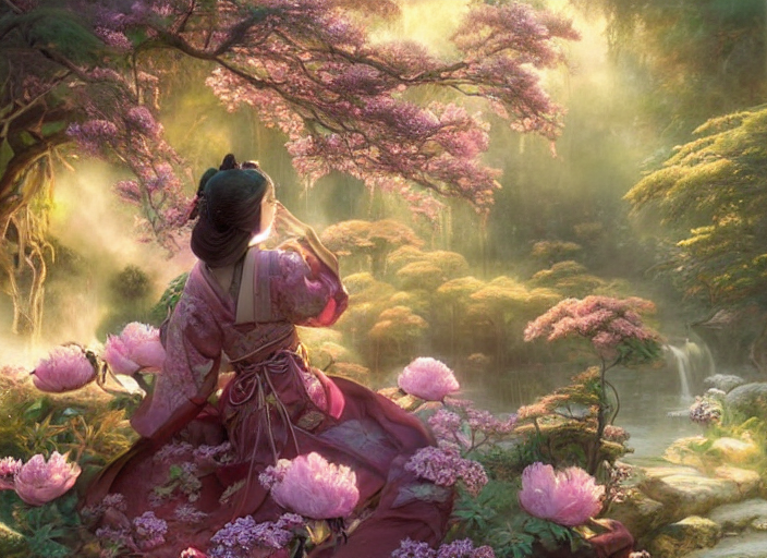 Ancient Japanese Fantasy Garden At Dusk, Beautiful Woman Car...