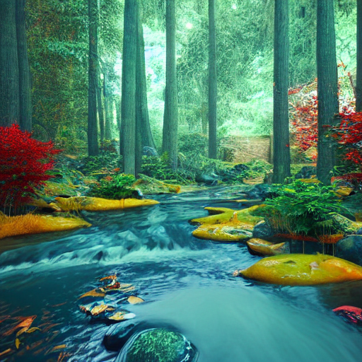 A River In A Colourful Forest, Very Detailed, Aesthetic, Per...