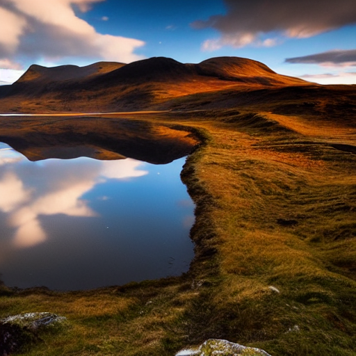 Scottish Highlands At Dawn, Matte Painting Loch Reflections,...