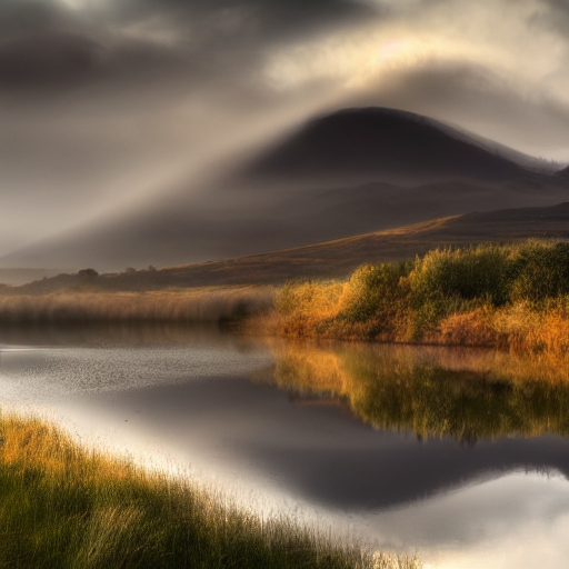 Scottish Landscape At Dawn, Lakes, Reflections, Swirling Mis... — Stable Diffusion AI Prompt: scottish landscape at dawn, lakes, reflections, swirling mist, 4 k, photorealist...