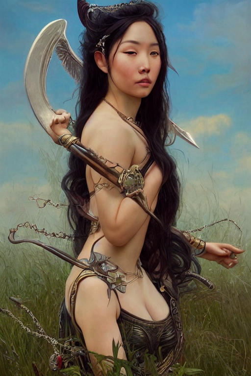 A Stunning Portrait Of An Asian Valkyrie With Long Black Hai...