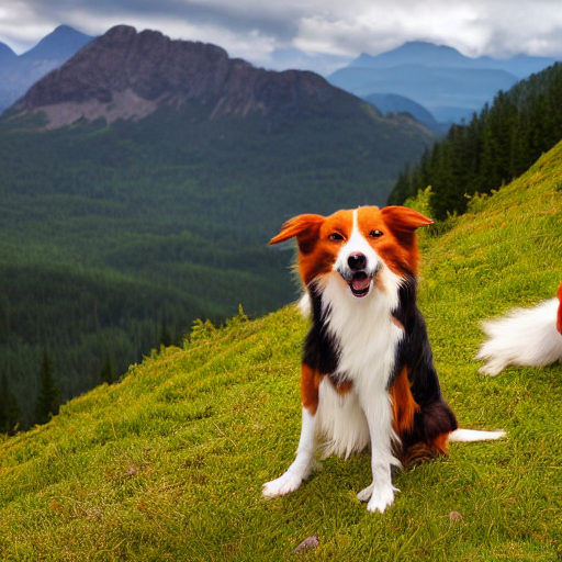 A Ginger Man With A Border Collie On A Mountain Landscape, P... — Stable Diffusion AI Prompt: a ginger man with a border collie on a mountain landscape, photograph, 4 k, beau...