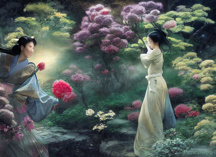Ancient Japanese Fantasy Garden At Night, Close - Up Of A Be...