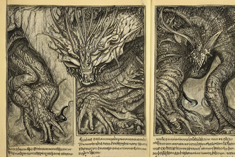 Page Scan Of Bestiary Book, Diagrams Showing Fantasy Beast,...