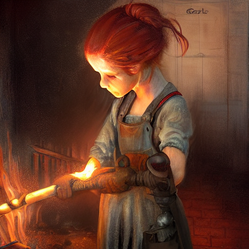 Portrait Of A Young Girl Working In A Blacksmiths Forge, Cle... — Stable Diffusion AI Prompt: portrait of a young girl working in a blacksmith's forge, clear eyes, slight smi...