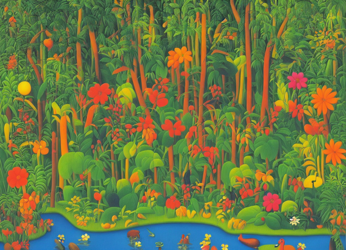 Henri Rosseau. A Jungle In The Twilight Sun. Lots Of Colorfu...
