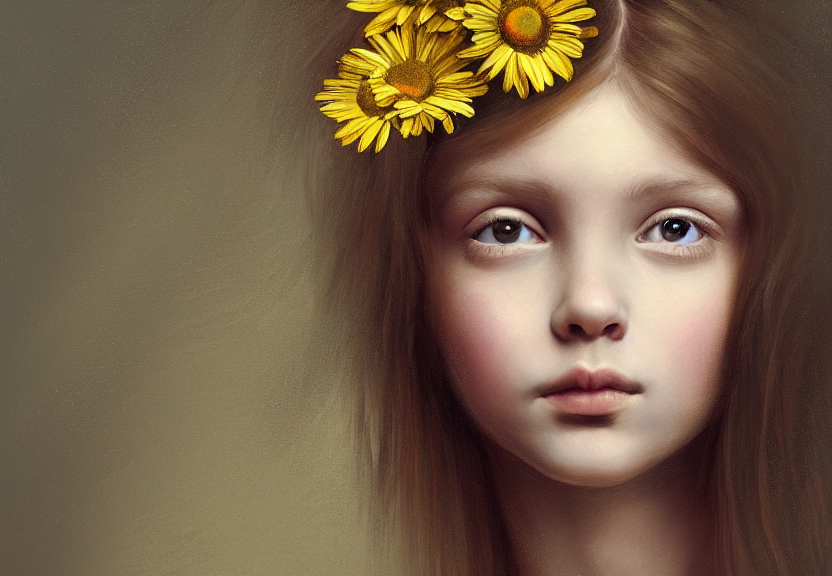 Girl Beautiful Hair, Daisy Head, Portrait, Oil Brush, Detail...