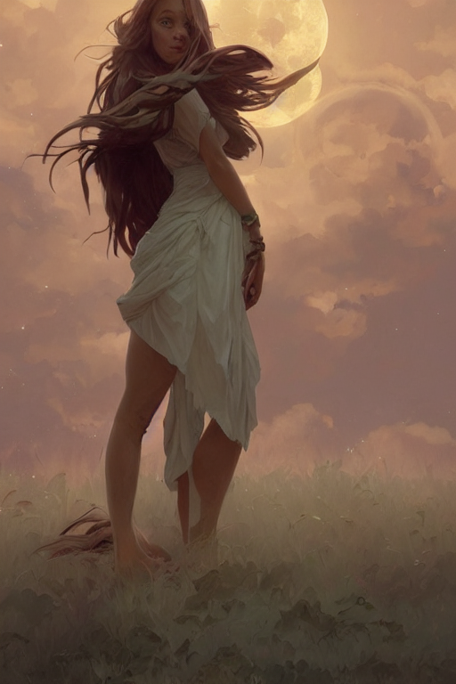 Fantasy, Beautiful Leg, Long Hair, Girl, Portrait, Side View... — Stable Diffusion AI Prompt: fantasy, beautiful leg, long hair, girl, portrait, side view, cloud sky and moon...