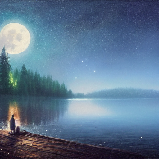 Digital Painting Of A Lake Surrounded By Forests At Night, M...