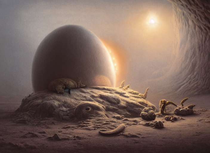 Extremely Fluffy Creature In Front Of A Large Dinosaur Egg W...