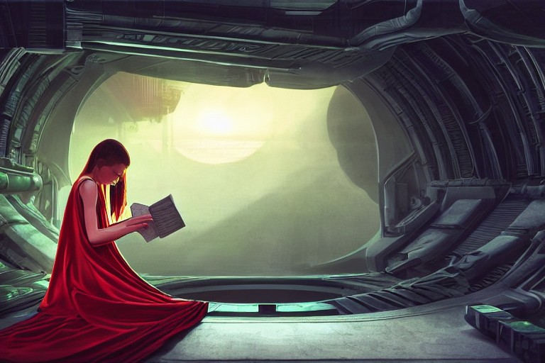 A Girl Is Reading A Massive Green Book Under Red Blanket, Wa...