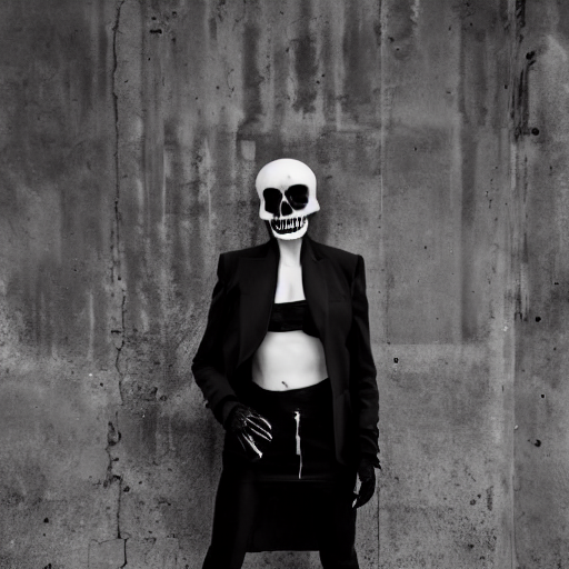 Fashion Photography Of A Model With A Black Skull Mask, Wear... — Stable Diffusion AI Prompt: fashion photography of a model with a black skull mask, wearing demobaza fashion...